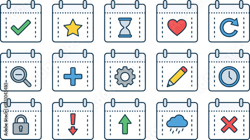 Calendar and Time Management Color Icon Set: Scheduling, Task Status, Date Planner, Favorite Event, Security, Settings, Upload, Weather Forecast, Deadline, Important Update