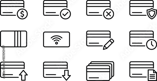 Credit Card and Payment Line Icon Set: Financial Transaction, Digital Banking, Money Transfer, Security, Contactless Payment, Debit, Withdrawal, Finance, E-commerce, Protection