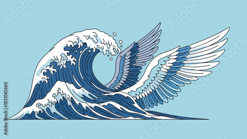 Blue wave with white foam and bird wings against a pale blue sky