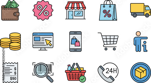 Online shopping, e-commerce, and retail business vector icon set, depicting delivery, discounts, payment, checkout, and 24-hour customer support services.