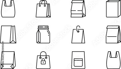 Packaging and shopping bag vector line icon set, featuring paper, plastic, and retail container symbols for purchases, delivery, e-commerce, and product storage concepts.