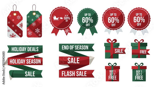 Vector illustration of collection of christmas holiday sale discount tag ribbon banner and gift box element for seasonal promotion