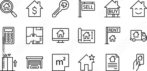 Real estate business vector line icon set, representing house buying, selling, renting, property search, home valuation, floor plans, and relocation services symbols.