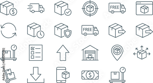 Shipping, Logistics, and Delivery Line Icon Set: E-commerce, Supply Chain, Tracking, Warehouse, Free Delivery, Secure Package, Time-Sensitive Transport, Order Management