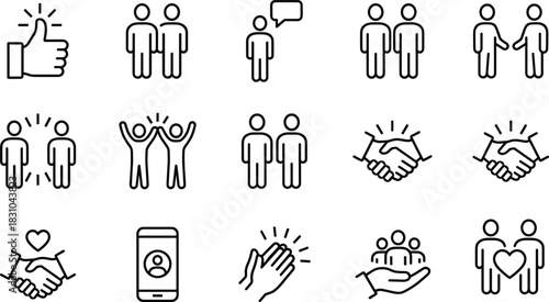 Partnership communication teamwork success social media connection agreement business handshake collaboration people interaction icon set vector