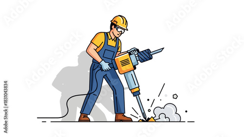 Construction worker operating a jackhammer breaking concrete creating debris and dust