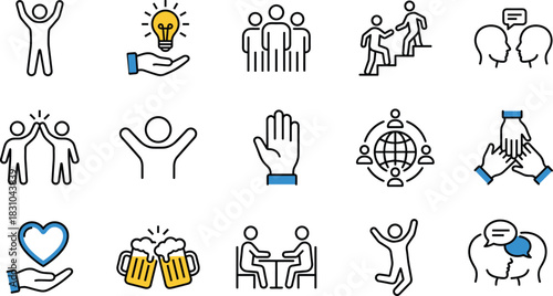 Teamwork collaboration success partnership friendship communication business creative idea community support motivation social connection icon set vector