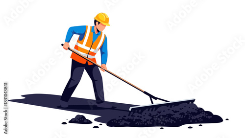 Construction worker raking asphalt