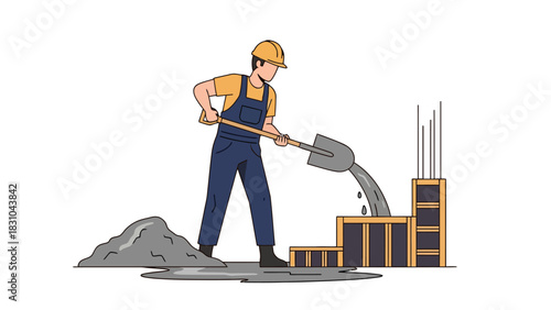 Construction worker shoveling cement into a form