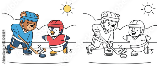 Cartoon bear and penguin playing ice hockey. Vector illustration of animals skating. Coloring book page design with colored preview and black and white outline.