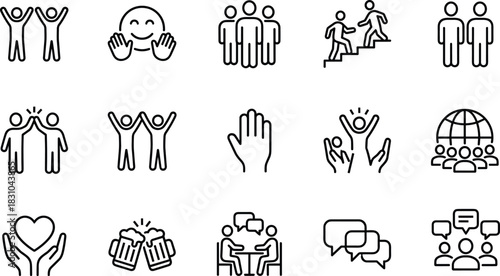 Teamwork communication social connection partnership success celebration motivation community global business support icon set vector