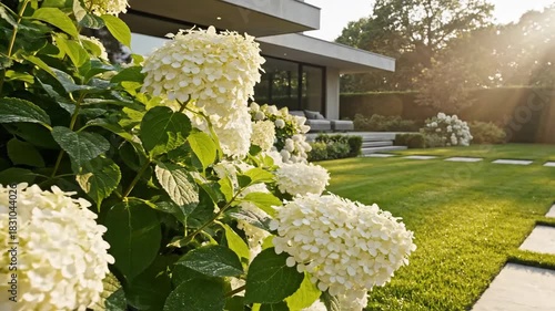 Lush green garden with hydrangea blooms and modern architecture in sunlight