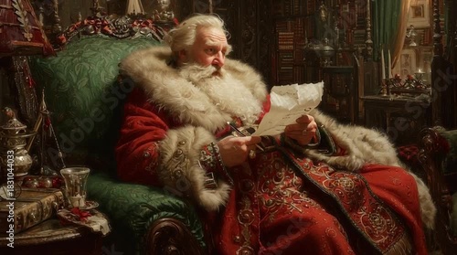 Santa Claus reading letters in cozy library, vintage holiday magic, classic Christmas spirit, joyful anticipation, festive season greetings, nostalgic charm
