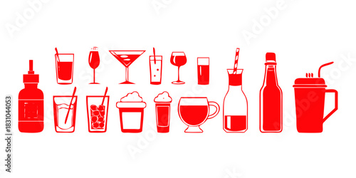 Wine bottles and glasses set with cocktail drink icons, collection of beverage symbols for bar and restaurant illustration design