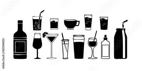 Wine bottles and glasses set with cocktail drink icons, collection of beverage symbols for bar and restaurant illustration design