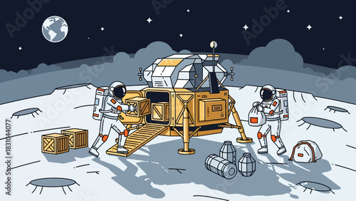 Moon landing Astronauts unload supplies from a lunar module