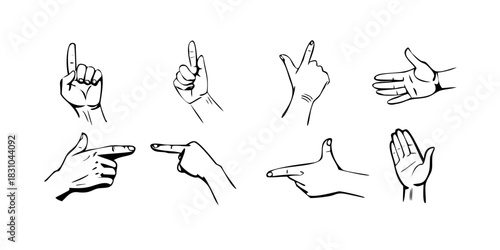 Set of hand gestures vector illustrations featuring various signs and symbols