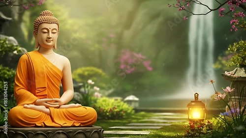 Zen Buddha statue in a serene garden with waterfall meditation and relaxation scenery creating