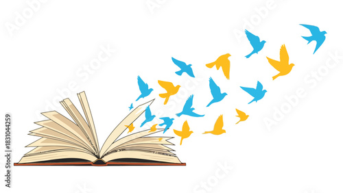 Open book with blue and yellow birds flying out