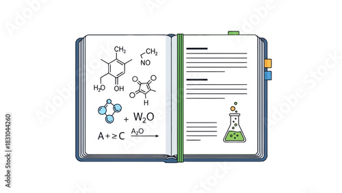Open book with chemical formulas and illustrations
