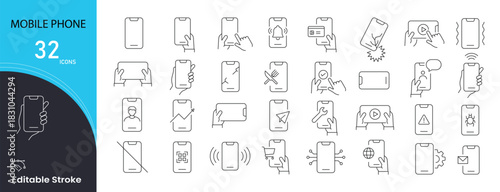 Mobile phone icons set for communication, apps, messages, calls, screen, browsing, and device usage. Editable stroke.