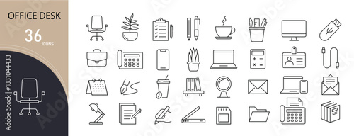 Office desk icons set for workspace, files, laptop, stationery, organization, and daily office tasks. Editable stroke.
