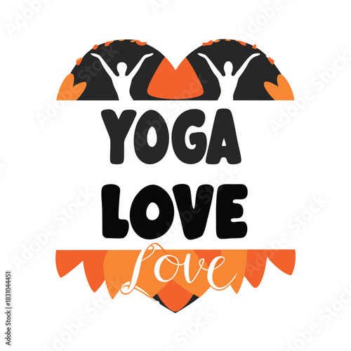 Illustrative yoga inscription with two white figures in an upward position over black mountains