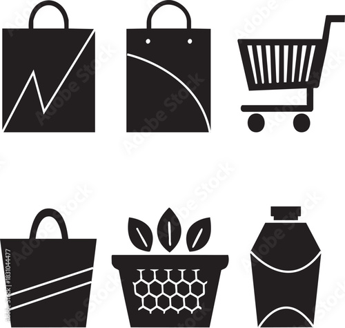 Shopping Bags and Grocery Icons Set