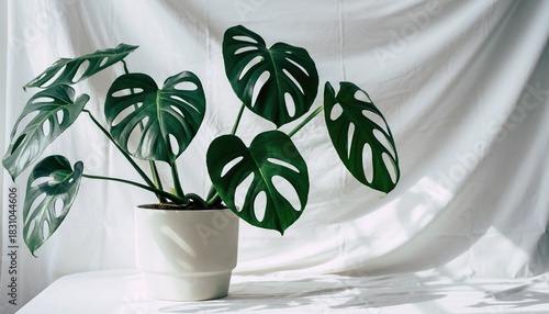 Monstera Plant with Unique Leaf Shapes Against Soft White Background