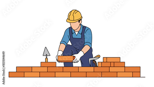 Mason in hard hat lays brick on a wall construction