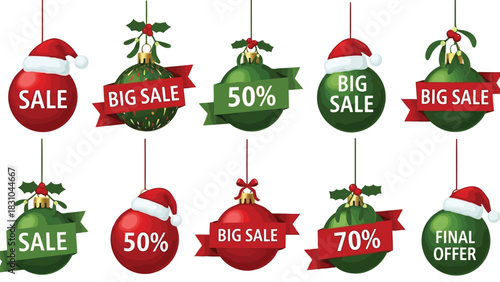 Vector illustration of collection of hanging christmas ornament sale tag icons with discount percentage and offer text