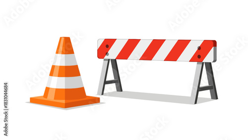 Orange traffic cone and redandwhite striped barrier on white background