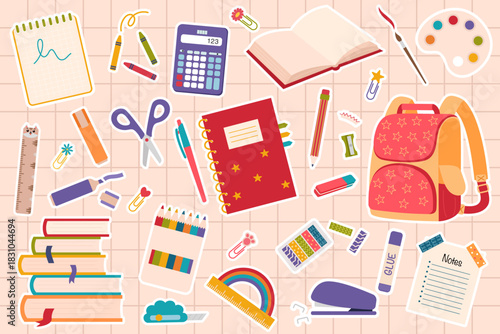 Sticker set of school supplies with girly elements. Vector illustration for study, school, university. Bright stationery for back to school. Isolated design ideal for prints and education materials.