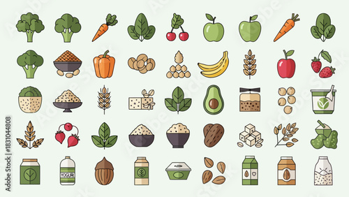 Pixel art illustration of various vegan foods and ingredients