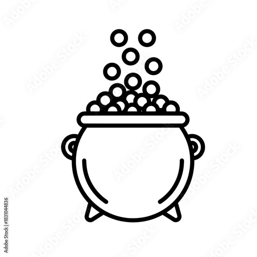 Black and white image of a leprechaun pot filled with spilling coins on a transparent background. Symbolizing luck, St. Patrick’s Day, fortune, and prosperity