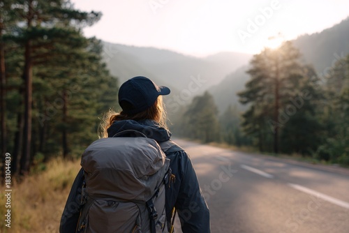 Wallpaper Mural A woman with a backpack enjoys the serene beauty of mountains and an empty road at dawn Torontodigital.ca