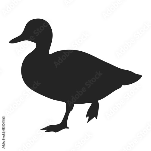 Small duck silhouette waddling softly across plain white background