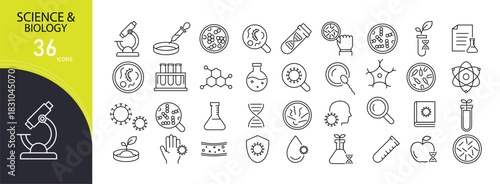 Science and biology icons set for cells, lab, DNA, microscope, research, test, and experiment visuals. Editable stroke. 