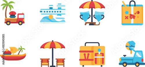 Vacation travel and tourism icons illustration featuring cruise ship, beach relaxation, luggage, transport services, holiday activities, and summer destination symbols