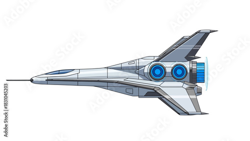 Pixel art spacecraft with sleek white body blue engine accents and rear thruster effect