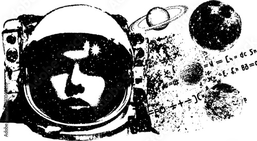 Astronaut in black and white grunge stencil style. Cosmic elements include planets in this vector illustration.