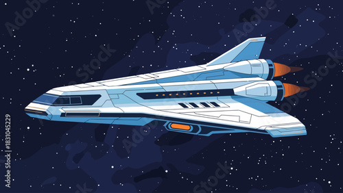 Pixel art spaceship with engines in deep space