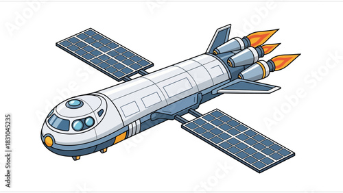 Pixel art spaceship with solar panels and three rocket engines