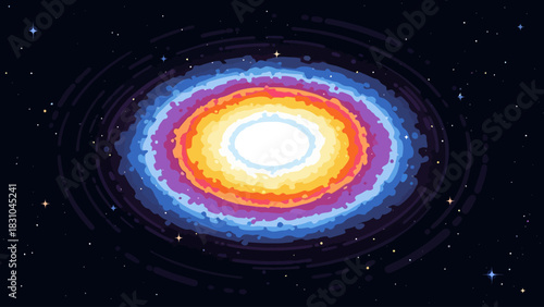 Pixel art spiral galaxy with colorful arms and stars