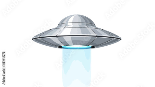 Pixelated silver UFO emitting a blue beam