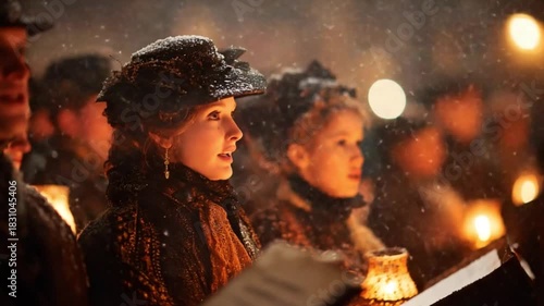 Victorian Women Singing Christmas Carols With Candlelight on a Snowy Winter Night