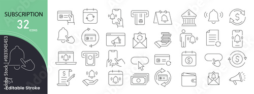 Subscription icons set for renew, plan, billing, service, membership, payment, and monthly cycle. Editable stroke.