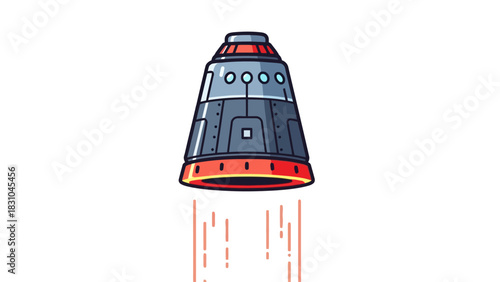 Pixelated spacecraft capsule ascending with exhaust trails