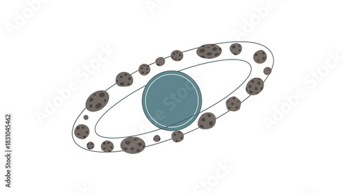 Planetary ring with celestial bodies and central sphere