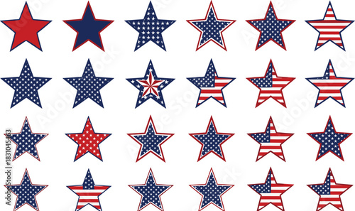 American patriotic star patterns illustration set featuring red blue stars with USA flag textures for independence celebration, decorative design, and national symbols